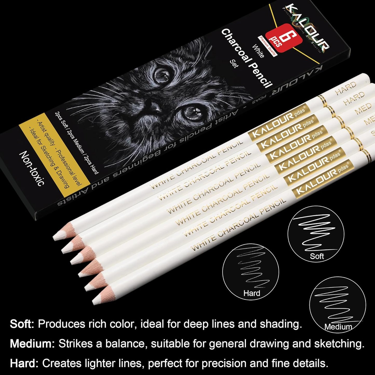 KALOUR White Charcoal Pencils Drawing Set, Professional 6 Pieces White Sketch Pencils for Drawing, Sketching, Shading, Blending, Chalk for Beginners & Artists