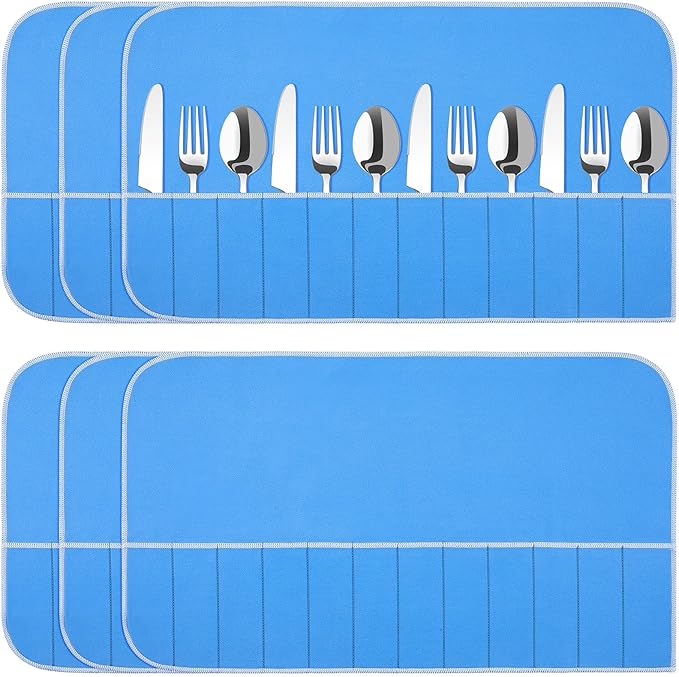 Saintrygo 6 Pieces Anti Tarnish Silver Storage Bags silverware Blue Holder for Flatware Storage Organizer Place Setting Roll with White Ribbon for Kitchen Utensils