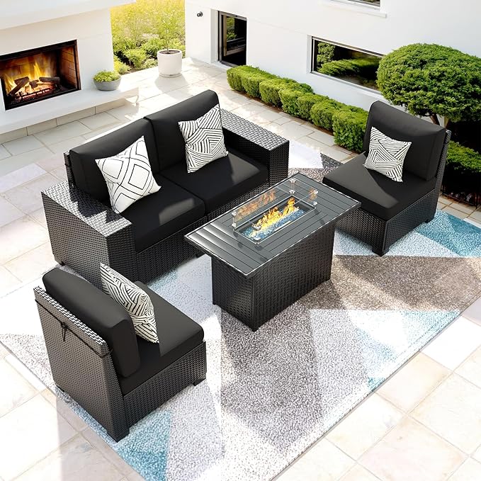 5 Piece Patio Furniture Set with Fire Pit Table, Outdoor Sectional Conversation Sets Black Wicker Rattan Sectional Sofa for Patio Garden Backyard, 4'' Thickened Cushion Black