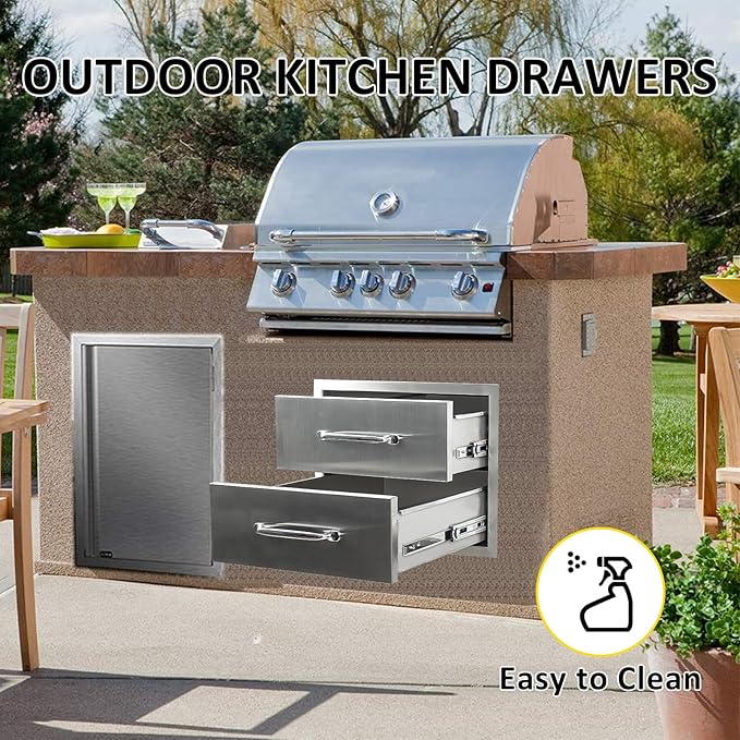 Outdoor Kitchen Drawers 18" W x 15" H x 23" D Flush Mount Double layer BBQ Drawers with Chrome Handle,Stainless Steel Built-in 2-Drawer for Outdoor Kitchen Island, Patio Grill Station