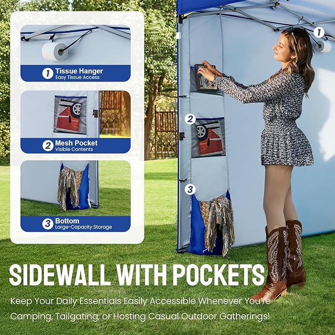 CROWN SHADES Canopy Tent, 10 x 10 Foot Portable Pop Up Outdoor Shelter with Pocket Sidewall, Push Center Lock, UV Protection, and Carry Bag, Navy Blue