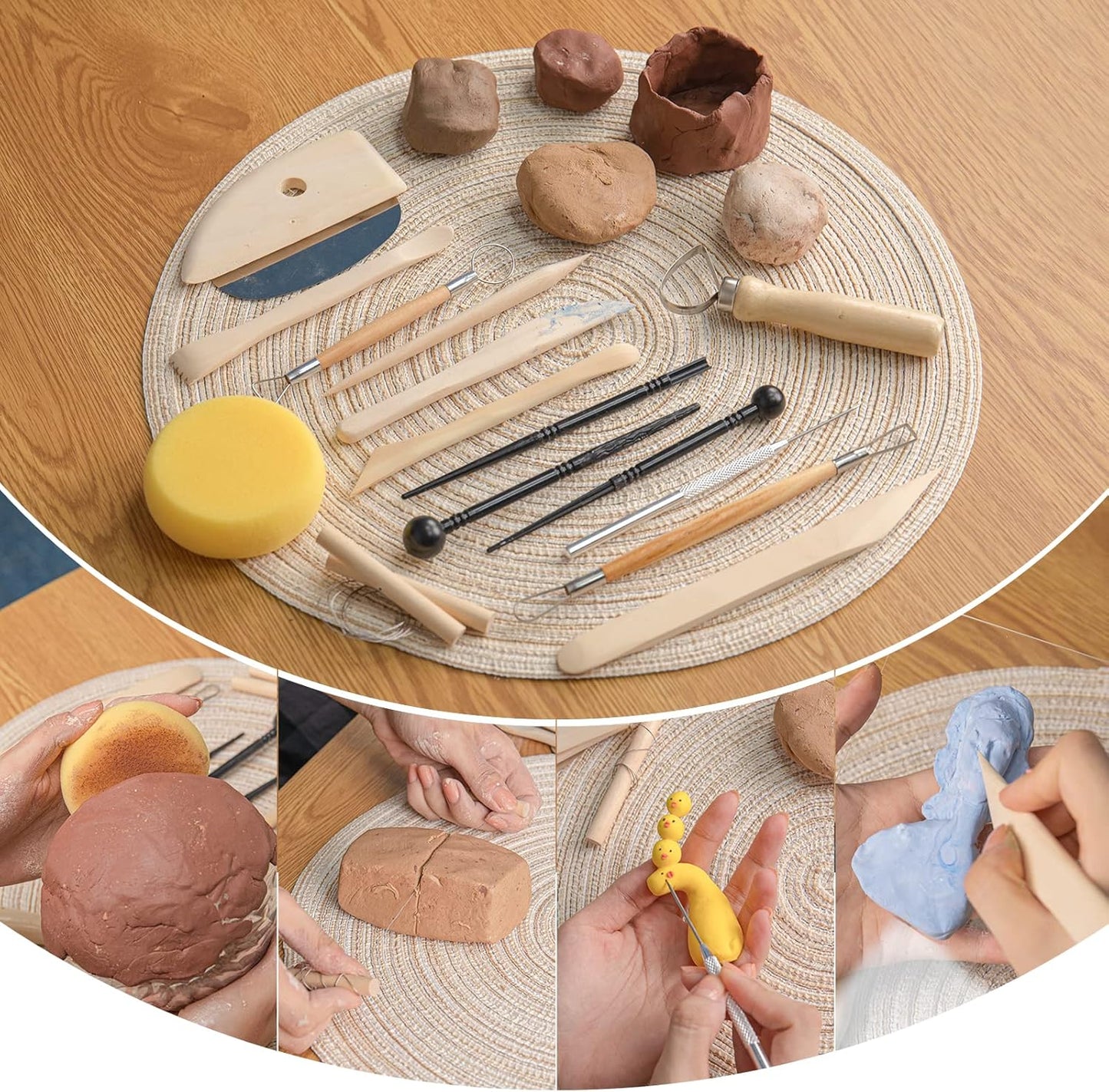 Pottery Tool Kit, 17pcs Polymer Clay Tools, Modeling Clay Sculpting Tools Kit, Ceramics Tools, Trimming, Embossing Pattern, Smooth Wooden Handles