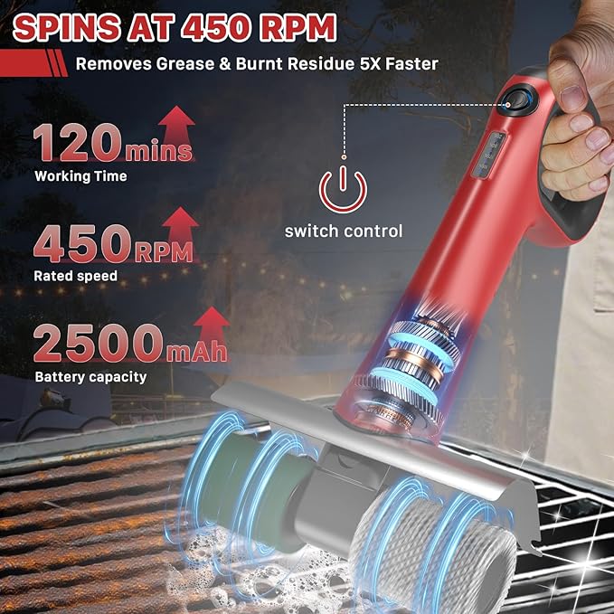 Hillyfe Grill Brush for Outdoor，Cordless Rechargeable Grill Brush with 3 Brush Heads, Grill Electric Cleaning Brushes Without Bristles, LED Light, Grill Scraper, Grilling Gifts for Men,Red