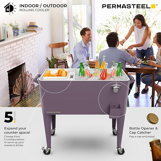 Permasteel 80 Quart Party Cooler, Rolling Ice Chest with Wheels and Handles for Indoor Outdoor Patio