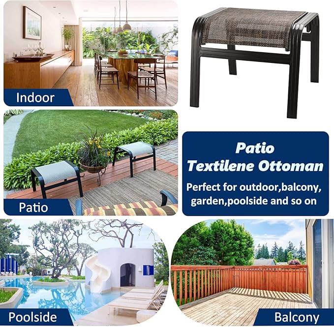 Outdoor Patio Foot Rest Ottoman Seat Textilene Portable Metal Footstool Portable Patio Chairs 2 Set Brown