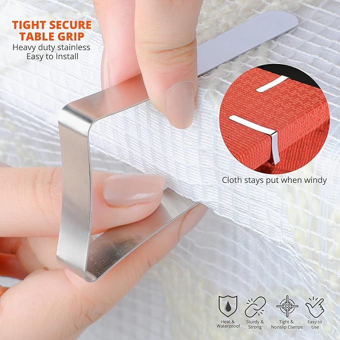 Tablecloth Clips [USA Based Brand] - 12 Pack Stainless Steel, Rust Proof Table Clips for Home, Restaurants, Picnic, Party, Dining Tables - Fits Up to 1.8 Inch Thick Tables