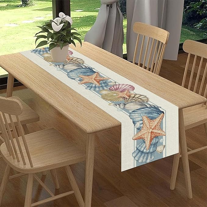 Summer Starfish Table Runner, Blue Sea Coastal Seashell Beach Nautical Starfish Ocean Table Runner Seasonal Holiday Home Kitchen Dining Table for Home Party Decor 13"x90"