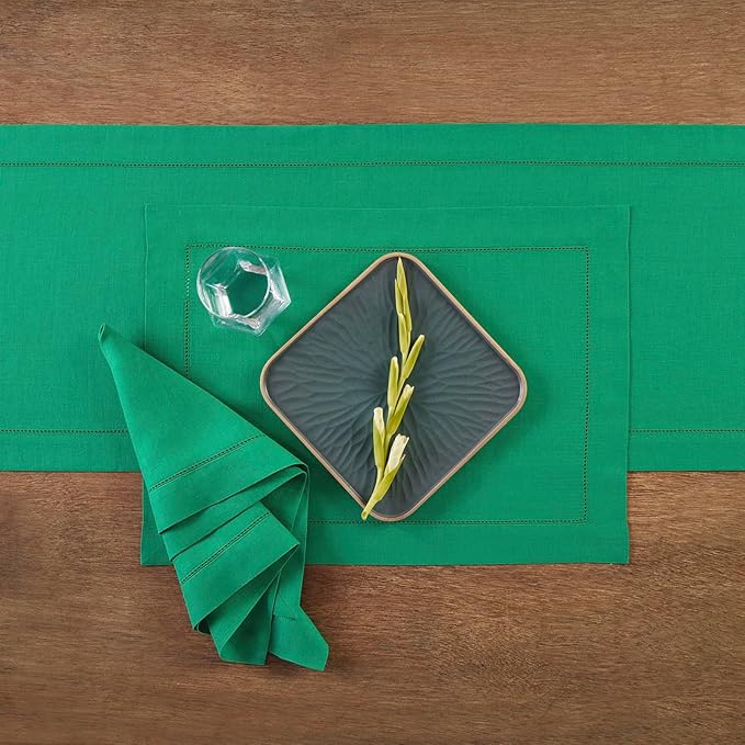 Solino Home Linen Emerald Green Hemstitch Table Runner 60 Inches - 100% Pure Linen Small Table Runner 14 x 60 Inch Ideal for Dresser and Coffee Tables - Classic Hemstitch - St Patricks Day
