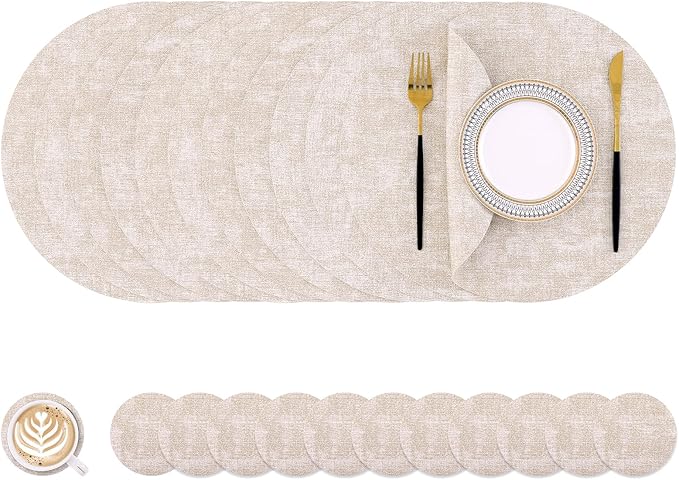 Homaxy Round Faux Leather Placemats and Coasters, Washable Dual-Side Table Mats, Wipeable Heat-Resistant Dining Place Mats for Outdoor and Indoor, Set of 12, Diameter 13 and 3.93 inch, Beige