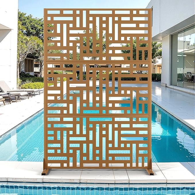 Metal Privacy Screen for Outdoor & Indoor Use, Free Standing Privacy Screen for Patio Garden Pool, 72" H x 47" W Decoative Privacy Panels, Weather Resistant, Easy Assembly (Brown Helen Street)