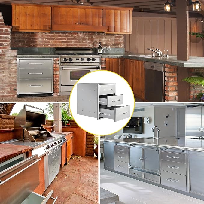 Outdoor Kitchen Drawers 16" W x 21" H x 23" D Flush Mount Triple BBQ Drawers with Chrome Handle Stainless Steel Drawer for Outdoor Kitchen Island, Patio Grill Station