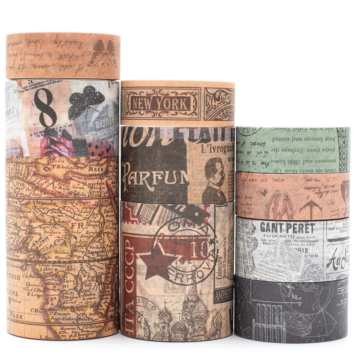 YUBX Vintage Washi Tape Set 10 Rolls Wide Decorative Antique Map Stamp Newspaper Masking Tapes for Arts, DIY Crafts, Journals, Planners, Scrapbook, Wrapping 9/16'', 13/16'', 1'', 1 3/4'', 2 3/8''