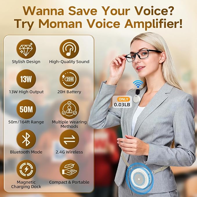 Moman Wireless Voice Amplifier with Lavalier Mic, 20H Battery 164ft Range Sensitive Pickup Noise Reduction PA System Bluetooth Portable Magnetic Charging Dock, Amplifier for Teacher Yoga Tour, White