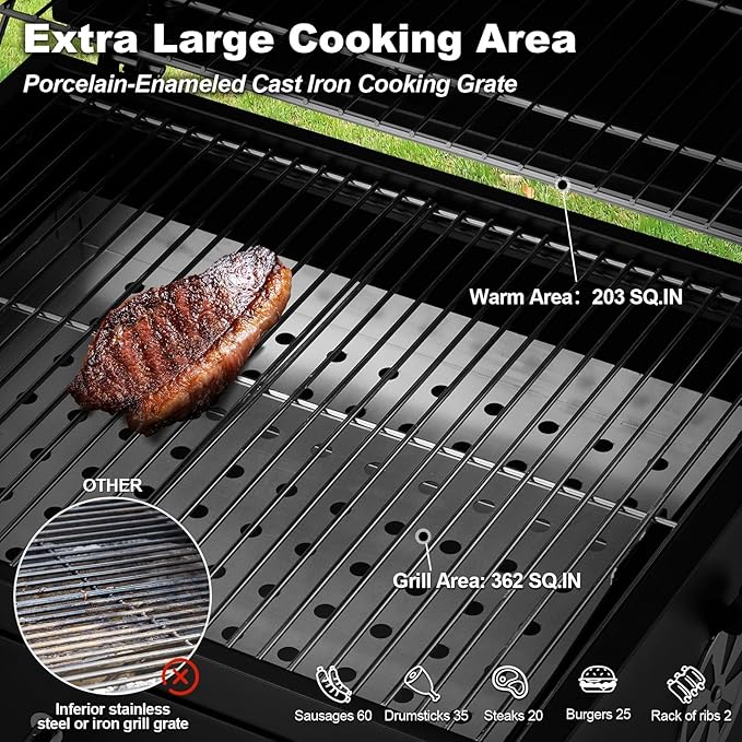 MELLCOM Small Charcoal Grill with Wood Foldable Side Table - 338 Sq.In BBQ Area with Individual Lifting Charcoal Trays & Thermometer, Movable Charcoal Barbeque Grill for Patio, Garden and Backyard
