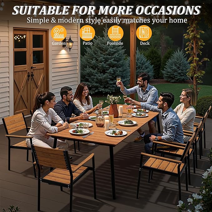 95" Patio Outdoor Dining Table for 8-10, Weather-Resistant Wood-Grain Top with Aluminum Frame & Umbrella Hole for Deck Gatherings, Brown