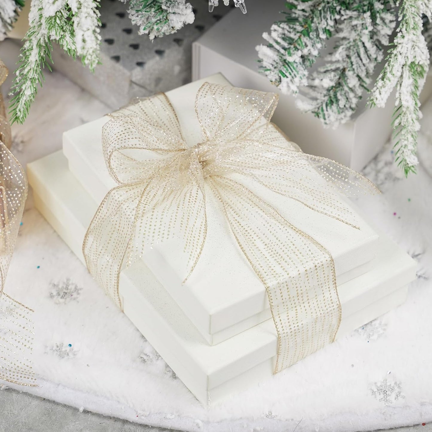 MEEDEE Champagne Gold Wired Ribbon - 2.5 Inch Horizontal Stripes Polka Dot Christmas Ribbon Organza Sheer Glitter - 25 Yards for Christmas Tree, Wreath Bow