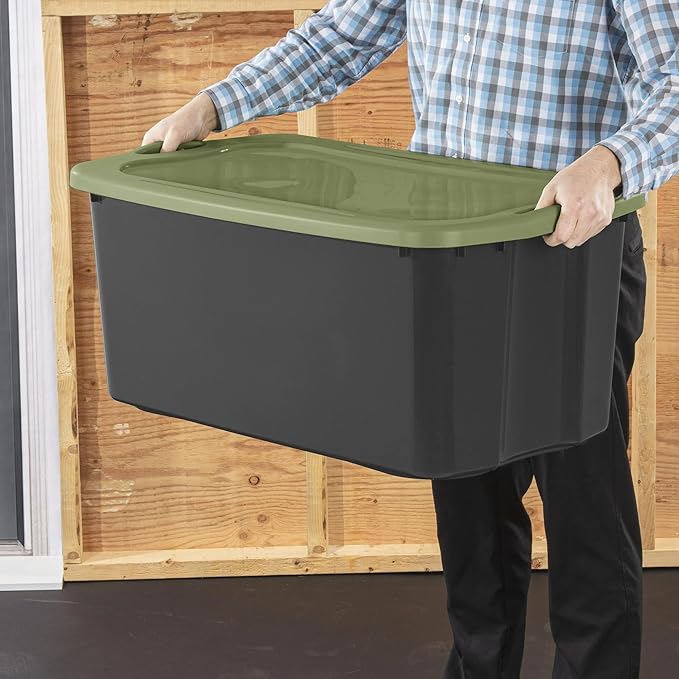 (2 Pack) 30 Gallon Plastic Storage Bin – Full-Grip Handles, Easy-Carry Stackable Heavy Duty Organizer for Home, Garage, Closet & Dorm (Gray & Green)