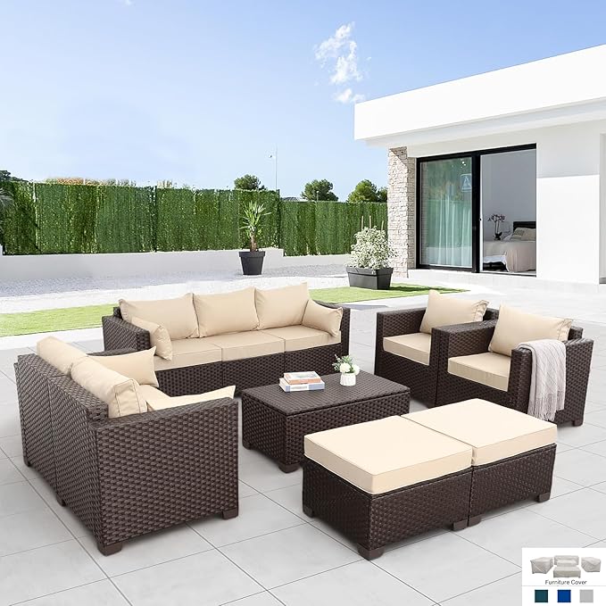 7 PCS Patio Furniture Set Outdoor Patio Furniture with Storage Table Outdoor Couch Patio Chairs Outdoor Conversation Set with Non-Slip Cushions Waterproof Covers, Khaki
