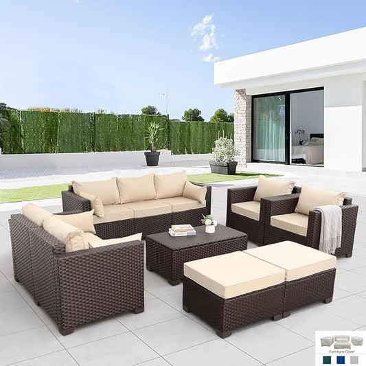 7 PCS Patio Furniture Set Outdoor Patio Furniture with Storage Table Outdoor Couch Patio Chairs Outdoor Conversation Set with Non-Slip Cushions Waterproof Covers, Khaki