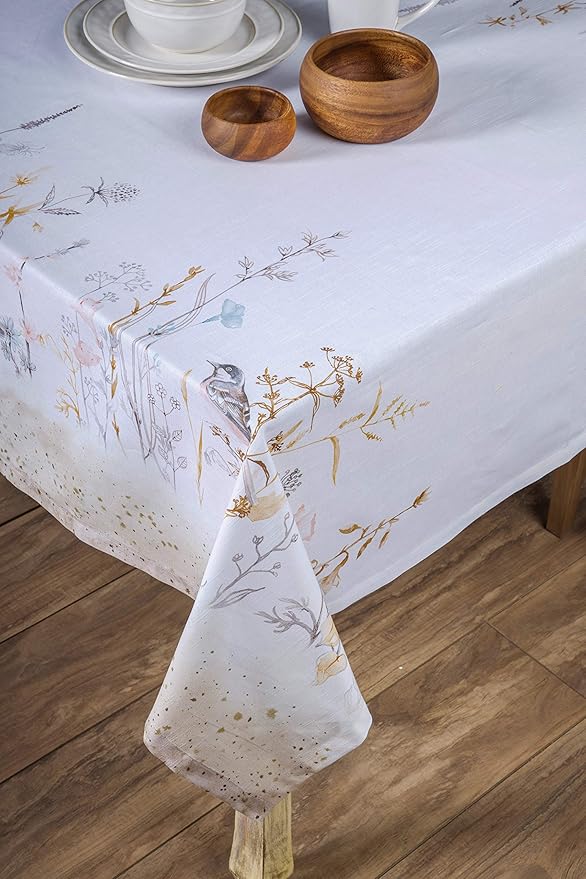 Maison d' Hermine Table Cloth Square Table 100% Cotton 54 x 54 Inches Tablecloth Reusable Decorative for Dining Room, Farmhouse, Home, Party, Festive & Wedding Spring Summer - Meadow Florals - Beige