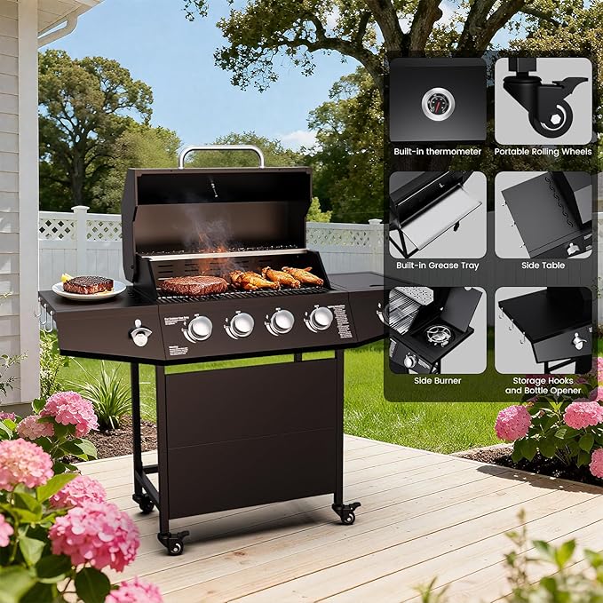 4-Burner Propane Gas Grill with Side Burner, 50,000 BTU Gas BBQ Grill with Stainless Steel Grates,Easy-Clean Grease, Side Tablesfor Patio, Camping, Backyard