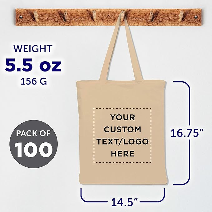 DISCOUNT PROMOS Custom Cotton Canvas Tote Bags Set of 100, Personalized Bulk Pack - Reusable, Great for Shopping, Grocery, Beach, Picnic, Wedding Favors - Natural