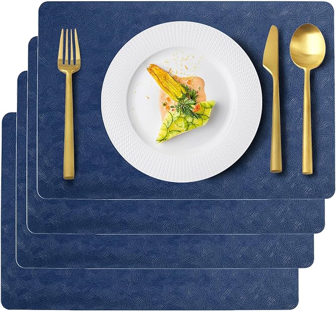Vinyl Placemats Set of 4 Faux Leather 100% Waterproof Wipeable Washable Place Mats Heat Resistant Easy Clean Non-Slip Table Mats for Indoor Outdoor. (4,Blue)
