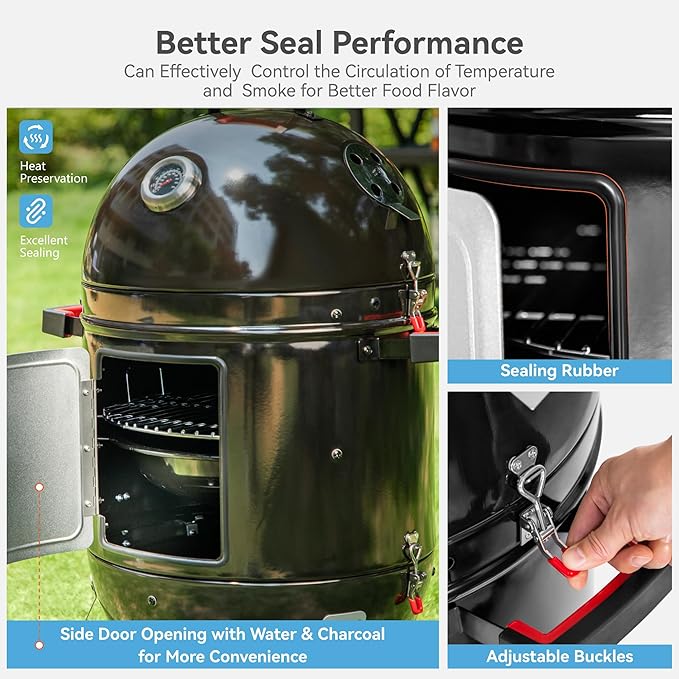 GREEN PARTY 18" Vertical Charcoal Smoker Grill Bullet Water Smoker Barbeque Grill, Outdoor BBQ Smokers Portable Meat Smoker Grill for Deck Patio Backyard Balcony Parties