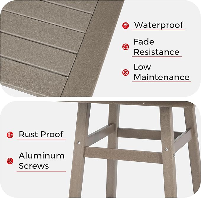 Costaelm Outdoor Bar Table, 42" Counter Height Square Patio Cocktail Bar Table with Umbrella Hole, Patio Bistro Dining Pub Table for Front Porch Deck Backyard Garden, Weathered Wood