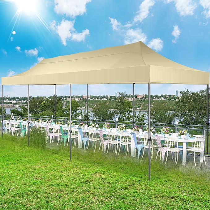 COBIZI 10x30 Pop up Canopy Tent 10x30 Canopy with Sidewall Waterproof Heavy Duty Commercial for Parties Outdoor Garden Gazebo Tent, Carry Bag with Wheel(10x30ft with Sidewalls,Khaki)