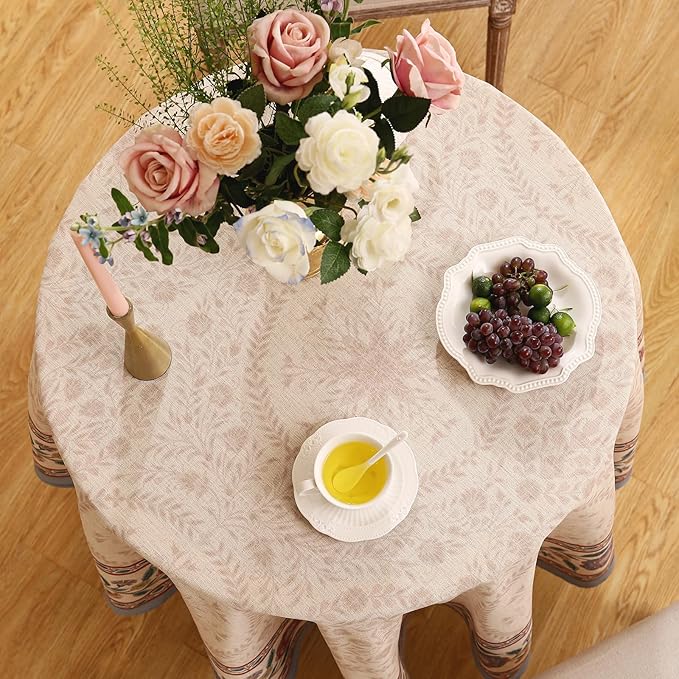 Designer Floral Linen Round Tablecloth,Vintage Indian Wrinkle Resistant Tablecloths,Decor Table Cover for Kitchen,Dining,Tea Party,Thanksgiving,Christmas,Diameter 67"-Flowershadow E