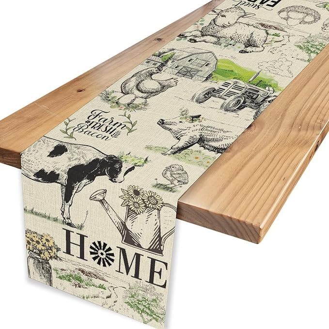 Farmhouse Cow Table Runner, Rustic Rooster Chicken Pig Floral Leaves Animals Spring Coffee Table Center Decor for Family Kitchen Dining and Outdoor Country Holiday Party Table Decorations, 13"x108"