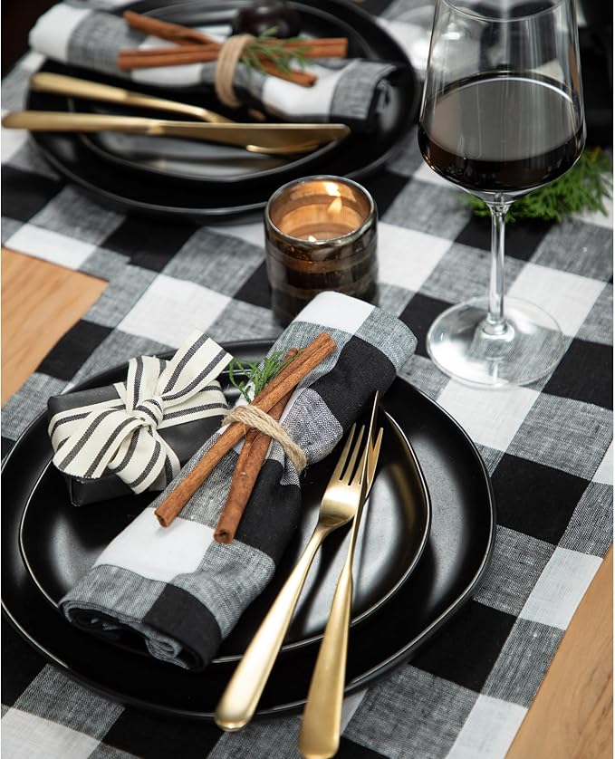 Solino Home Linen Checkered Table Runner 144 Inches Long - 100% Pure Linen Buffalo Check Black and White Table Runner 14 x 144 Inch Ideal for Dining, Winter