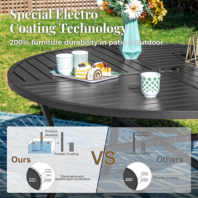 Outdoor Patio Round Dining Table for 6, 54"x 54" Metal Round Table with Adjustable Umbrella Hole, All Weather Wrought Iron Black Outdoor Table for Deck Lawn Garden Backyard, Black