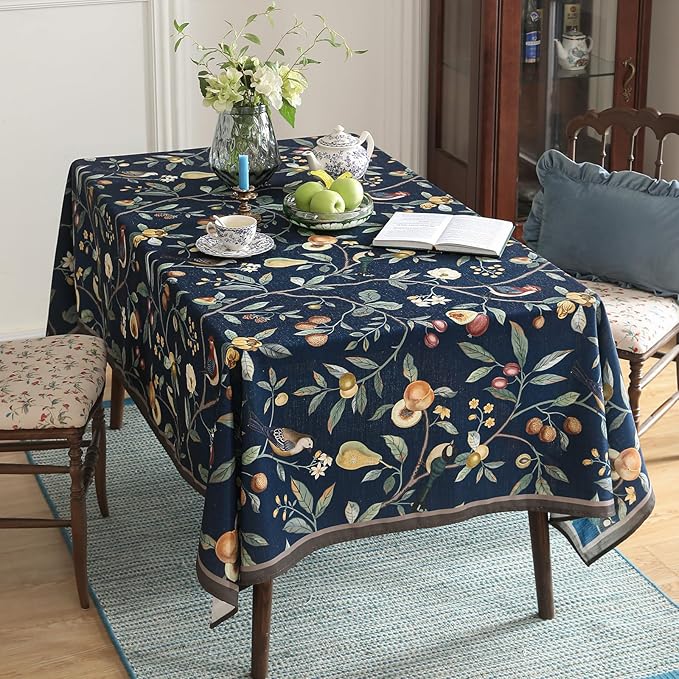 Linen Table Cloth Rectangle,Wrinkle Resistant French Blue Tablecloth Print with Froal,Decor Stitch Table Cloth for Thanksgiving,Dining Room,Home,Kitchen 55" × 87"-DeweyA Blue