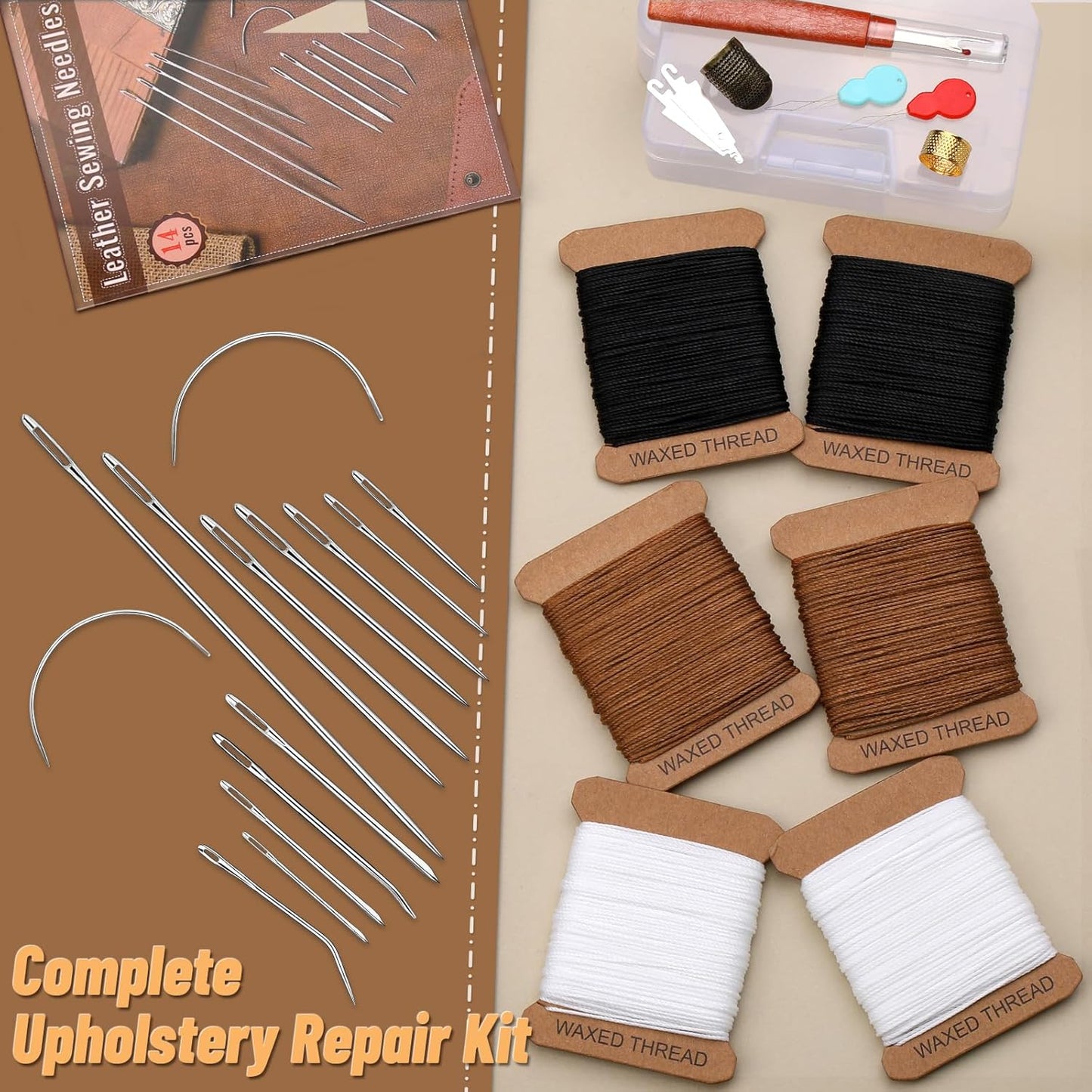 IMZAY 132 Yards Upholstery Repair Kit, 0.55MM and 0.8MM Waxed Sewing Thread with 14 PCS Heavy Duty Needles, Thimbles for Leather Sewing, Bookbinding, Beading, Stitching (3 Colors)