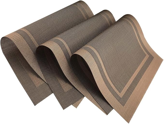 Gugrida Placemats Set of 6 Plaid Checkered Brown PVC Placemat for Dining Table Durable Woven Vinyl Stain tablemats 18"X12"