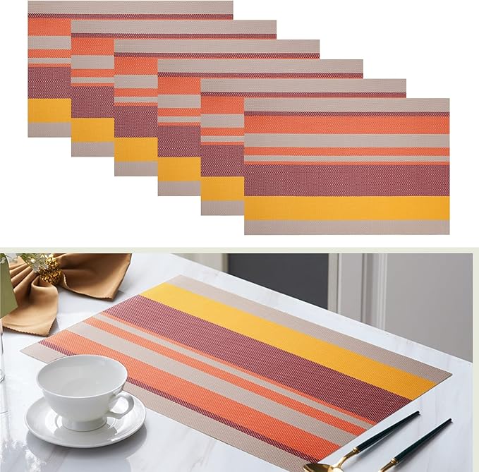 Set of 6 Colorful Striped Vinyl Placemats Heat-Resistant Washable Placemats Non-Slip Woven Table Mats Wipeable Placemat for Kitchen Dining Table Decoration Indoor Outdoor (Sunset Gold)