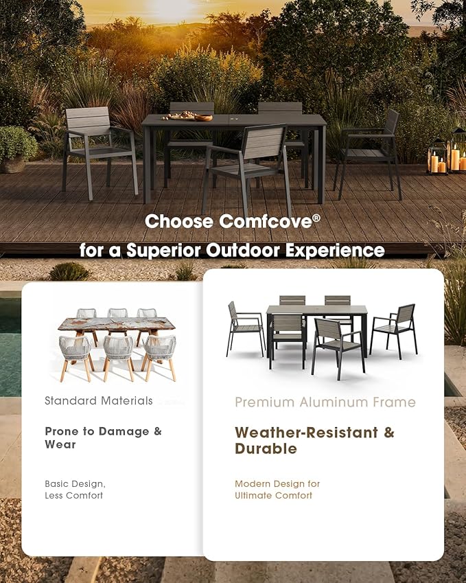 Outdoor Patio Dining Table, HDPS & Aluminum Outdoor Table with Umbrella Hole, All-Weather for Deck, Garden, Lawn, Backyard, Poolside and Indoor Use (Classic Gray)