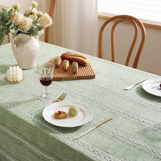 Chassic 60 x 120 inches Farmhouse Style Linen tablecloths, Wrinkle Resistant Washable Dining Room Table Cloths for 8 Foot Rectangle Tables - Hemstitch Sage Green