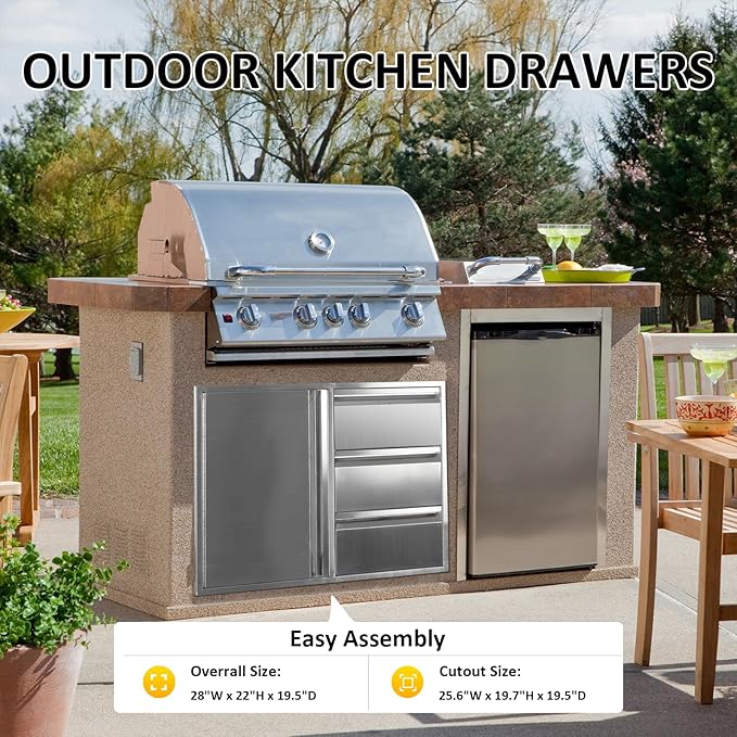 Outdoor Kitchen Door Drawer Combo Cabinet 28" W x 22" H x 19.5" D Stainless Steel Built-in Triple Drawers&Access Door Combo Cabinet for Outdoor Kitchen Island