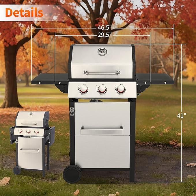 Propane Gas BBQ Grill, Upgraded 30,000 BTU Stainless Steel Barbecue Grill with Foldable Side Tables, Spice Rack & Wheels for Outdoor Cooking(3 Burner grill)