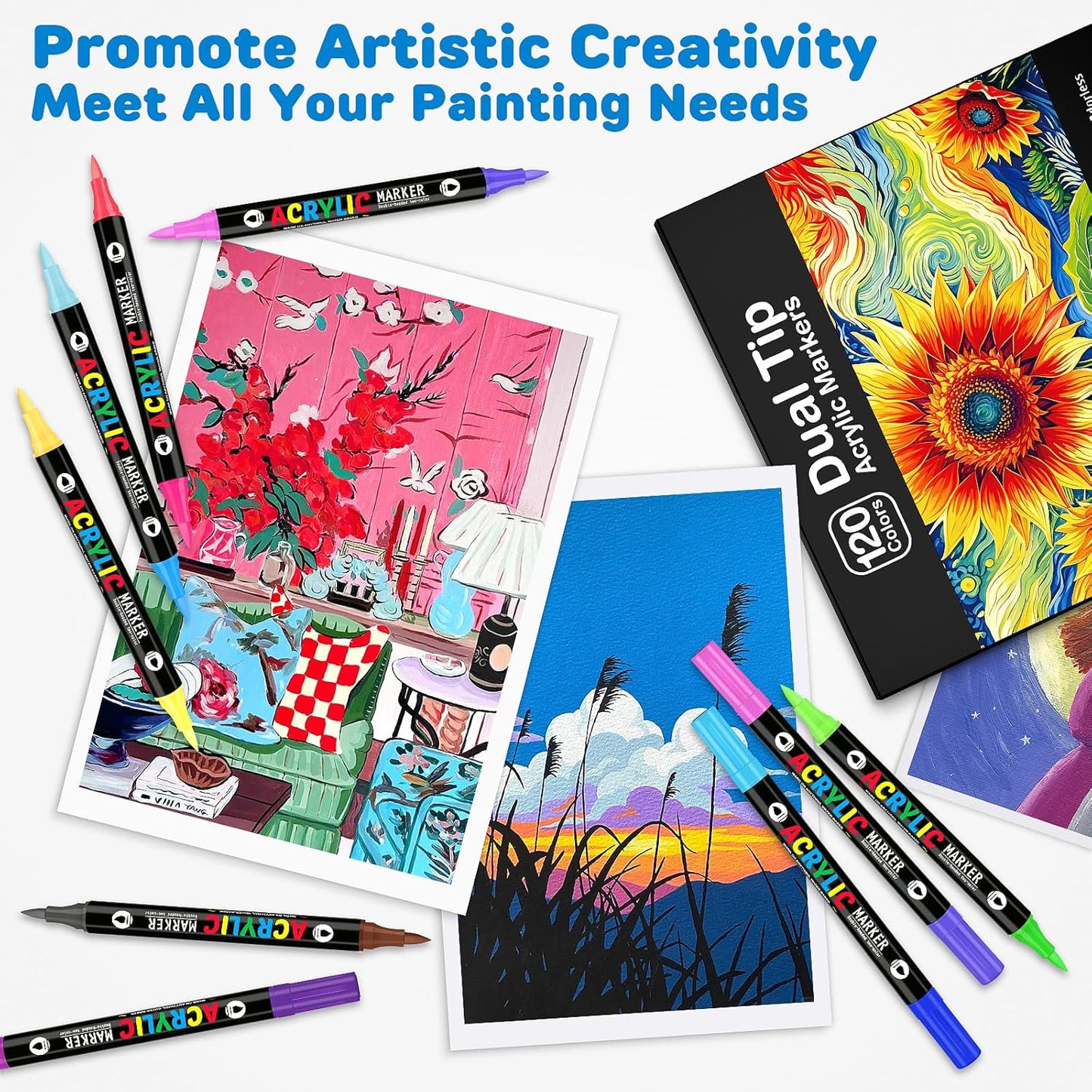 120 Colors Acrylic Paint Markers, Dual-Color Acrylic Paint Pens with 60 Brush Tips for Fabric Rock Wood Glass Paper DIY for Painting, Quick Drying, School Art Supplies for Adults Kids Drawing