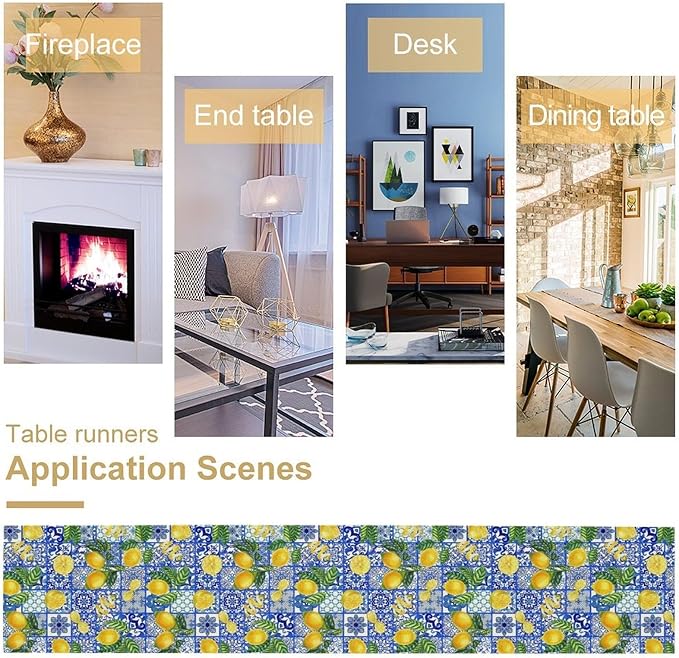 Tiles Lemon Table Runner Blue White Yellow Vintage Rustic Summer Fruit Chic Farmhouse Dining Table Decoration for Home Holiday Party Dresser Kitchen Cabin Restaurant Wedding Decor 13×120in