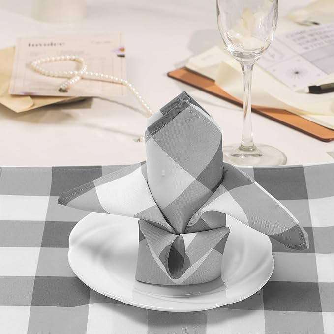 Buffalo Plaid Table Napkins Set of 50 Checkered Cloth Napkins 17x17 inch Washable Dinner Gingham Pattern Napkins Soft Napkins for Wedding Party Dining Banquet(Gray and White)