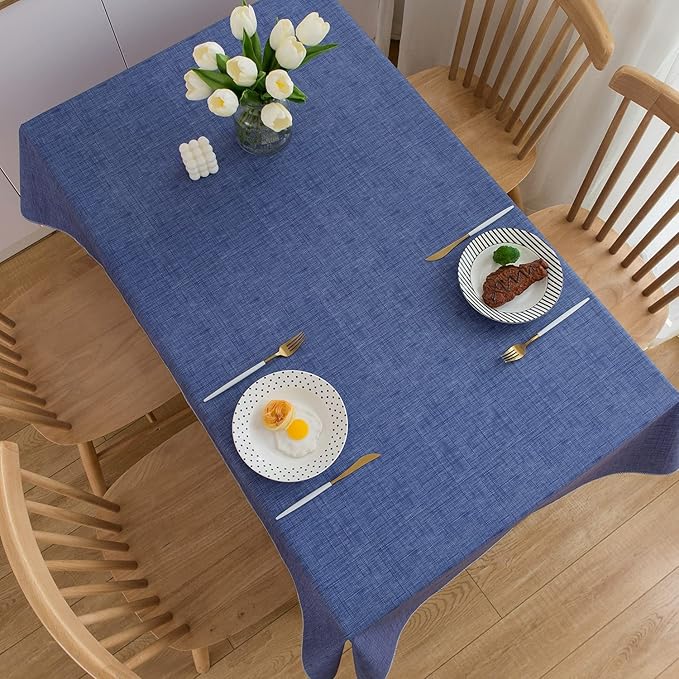 LIBERECOO Vinyl Tablecloth with Flannel Backing, Denim Blue, Waterproof, Stain-Resistant, Easy-Clean Table Cover for Dining, Kitchen, and Outdoor Use, 60" x 102" Rectangle