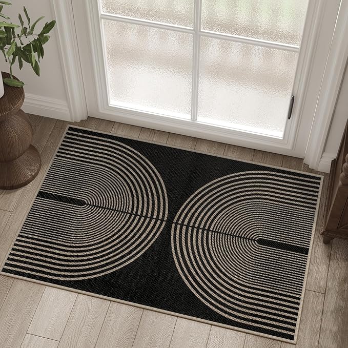 Easy Jute Rainbow Entryway Rug, 2x3 Black Washable Non-Slip Indoor Outdoor Doormat, Boho Farmhouse Small Kitchen Rug Modern Abstract Throw Rugs for Entrance Bedroom Bathroom