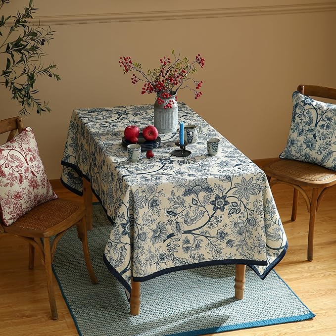 ISAENNE Designer French Linen Extra Long Rectangle Tablecloth,Blue Floral Washable Indoor Table Cloth,Durable Home Decor Tablecloths for Dining Thanksgiving Kitchen Party,67"*118"-Ruyi B