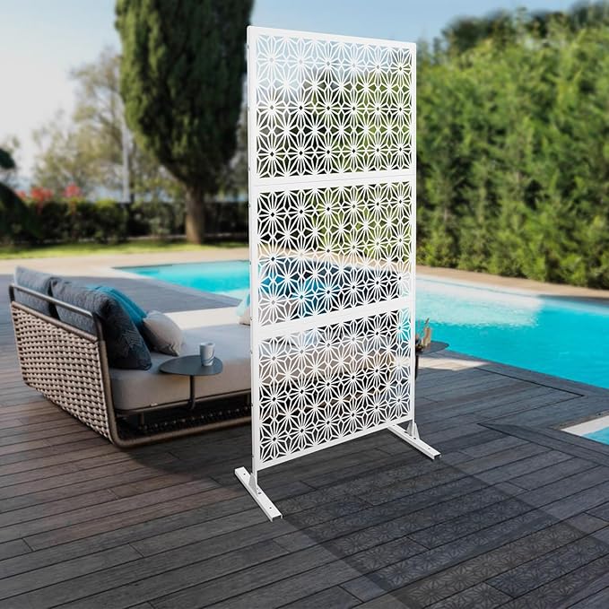 75" H×35" W Decorative Outdoor Privacy Screen with Stand, Outdoor Decor Privacy Fence Screen Metal Fence Panels, Free Standing Metal Divider for Patio Lawn Deck (White-Small Snowflake)