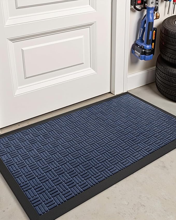 DEXI Front Door Mat Outside Entrance, 2x4 ft Rubber Entry Doormat Heavy Duty, Welcome Mats Non Slip for Inside House Floor Entryway Double Doors Exterior Patio, Maze Blue